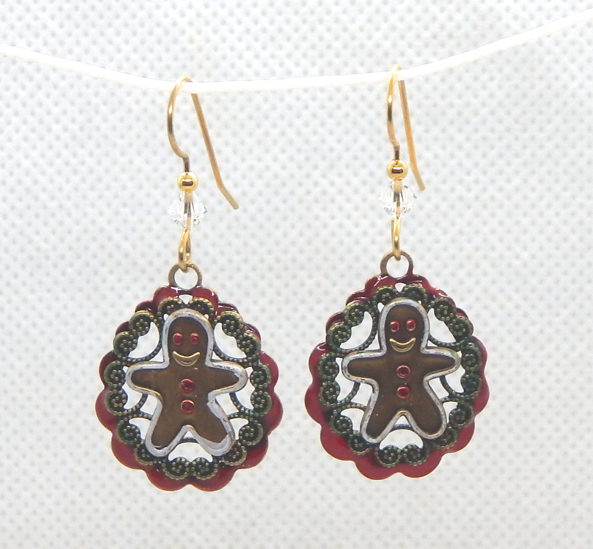 Gold-Tone Gingerbread Man on Green and Red Oval, Drop Style Earrings<br>Holiday Classics by Silver Forest