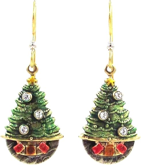 Green Christmas Tree with Presents, Drop Style Earrings<br>Holiday Classics by Silver Forest