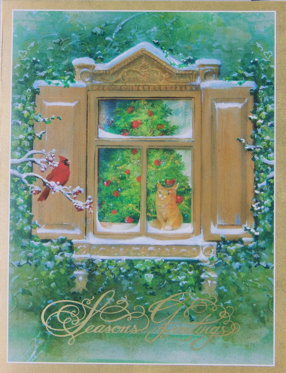 "Season's Greetings"<br>Bird & Cat Christmas Cards (#1486)<br><font color="red"><b>SLIGHTLY SMALLER CARD</b></font><br>NEW! by Caspari