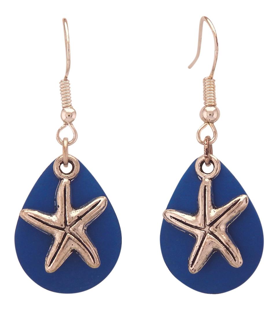 Fishing Lure Drop Style Earrings, 2-pc., Silver Tone Starfish, Ocean Blue Lure Backing