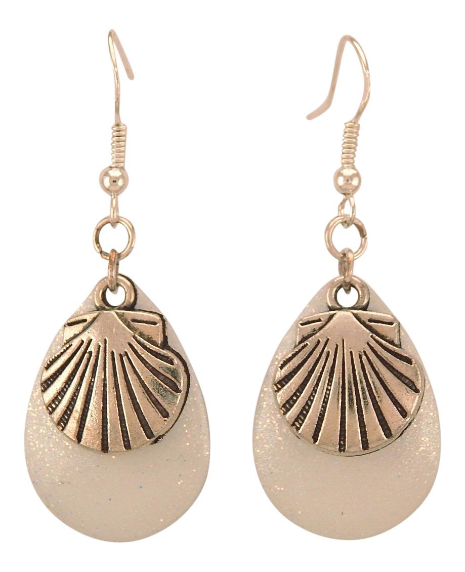 Fishing Lure Drop Style Earrings, 2 pc., Silver Tone Scallop Shell, White Sparkle Lure Backing