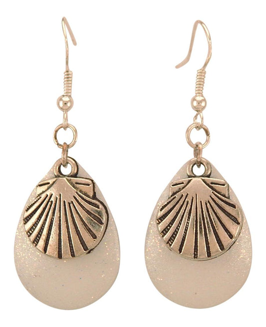 Fishing Lure Drop Style Earrings, 2 pc., Silver Tone Scallop Shell, White Sparkle Lure Backing