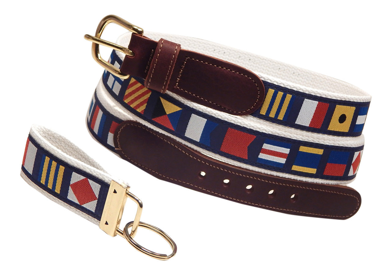 Preston Leather "Nautical Code Flag" Belt, White Web, FREE Matching Key Ring