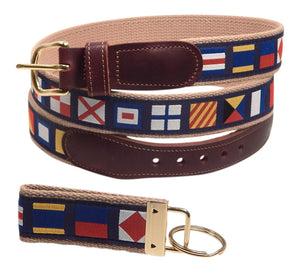 Preston Leather "Nautical Code Flag" Belt, Khaki Web, FREE Matching Key Ring