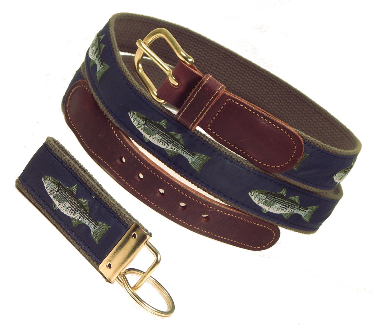 Preston Leather "Striped Bass on Navy," Olive Web, FREE Matching Key Ring