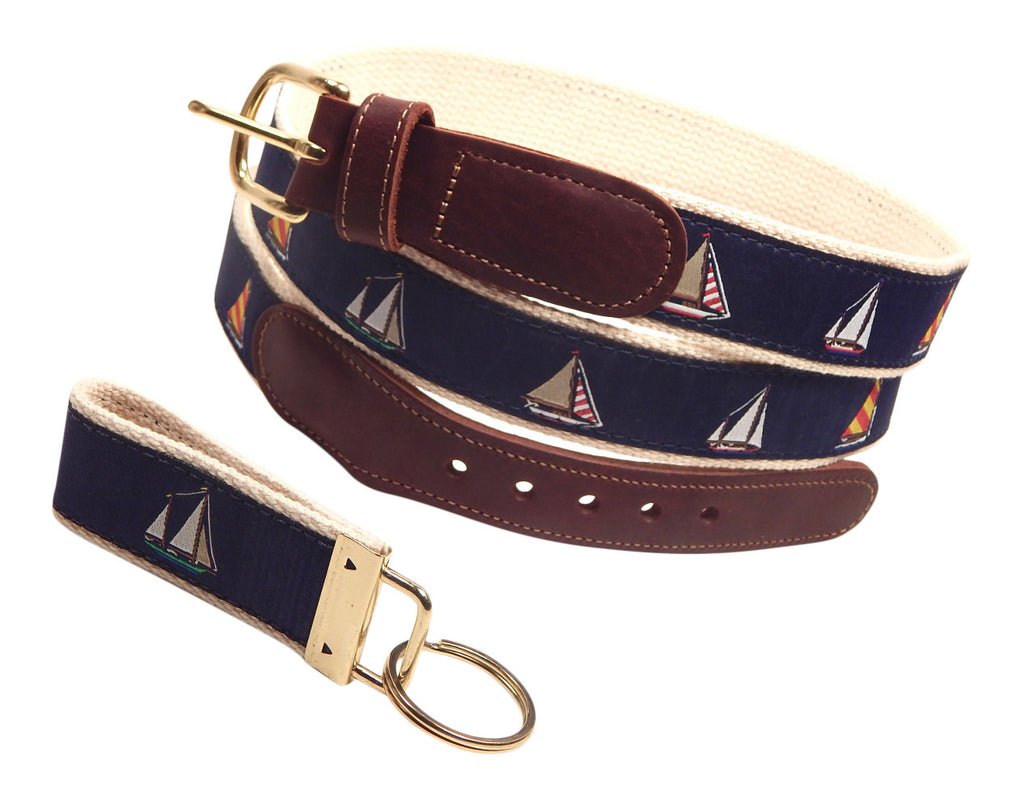Preston Leather "Four Sailboats" Belt, Natural Web, FREE Matching Key Ring