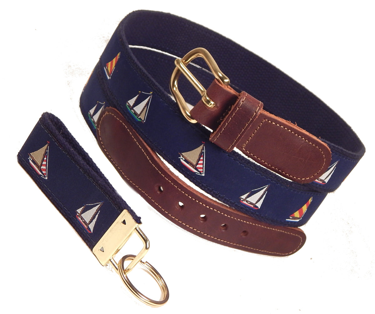 Preston Leather "Four Sailboats" Belt, Navy Web, FREE Matching Key Ring