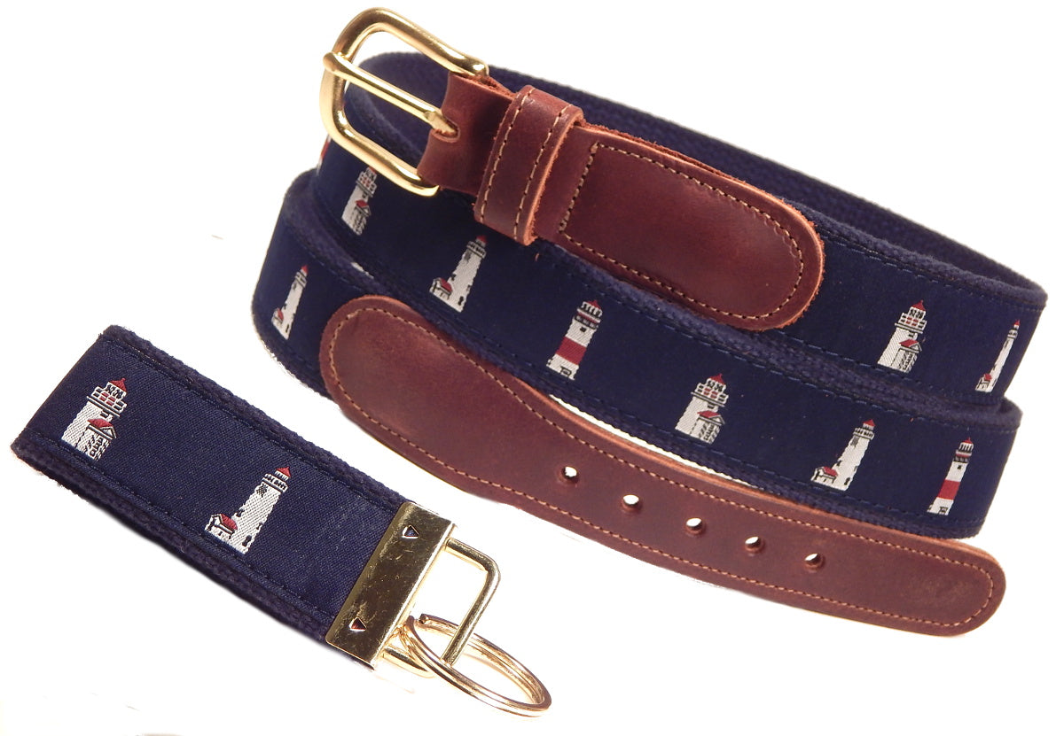 Preston Leather "Nantucket Lighthouses" Belt, Navy Web, FREE Matching Key Ring
