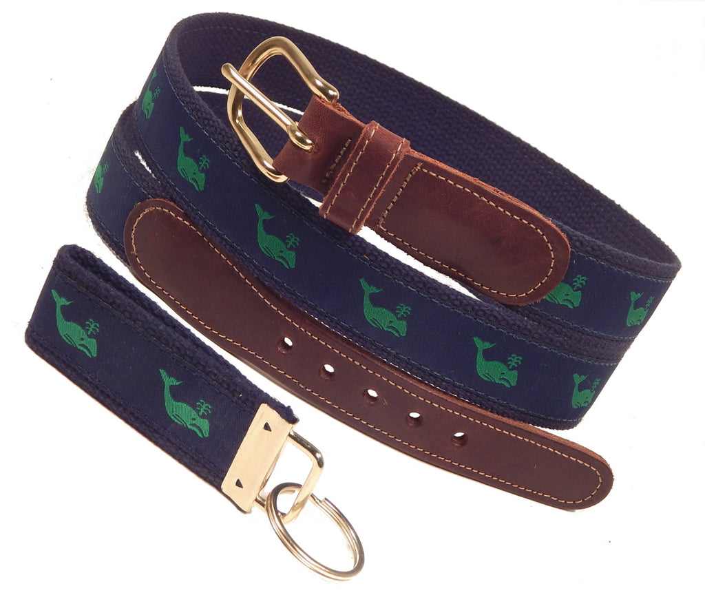 Preston Leather "Green Whale" Belt, Navy Web, FREE Matching Key Ring