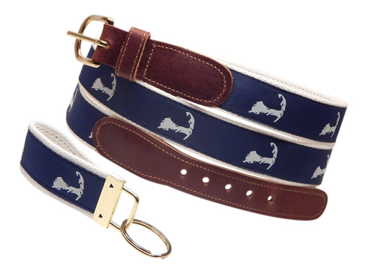 Preston Leather "Map of Cape Cod" Belt, White Web, FREE Matching Key Ring