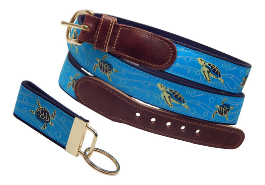 Preston Leather "Sea Turtle" Belt, Navy Web, FREE Matching Key Ring