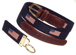 Preston Leather "American Flag" Belt, Navy Web, FREE Matching Key Ring