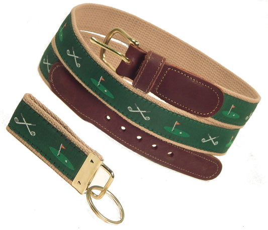 Preston Leather "Golf Clubs/18th Hole" Belt, Khaki Web, FREE Matching Key Ring