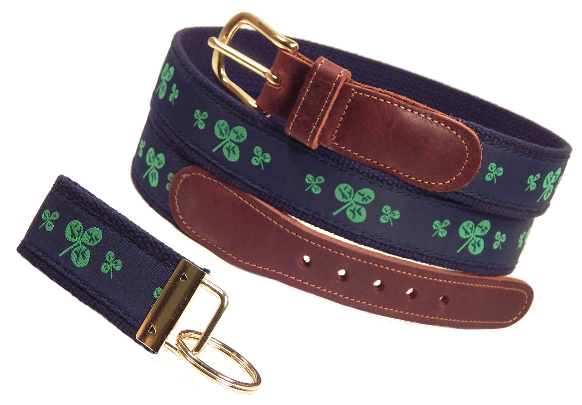 Preston Leather "Shamrocks On Navy" Belt, Navy Web, FREE Matching Key Ring