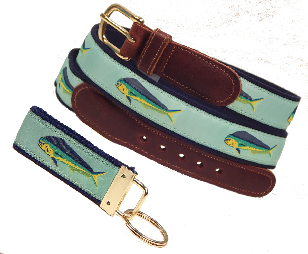Preston Leather "Mahi Mahi on Mint" Belt, Navy Web, FREE Matching Key Ring