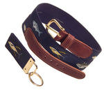 Preston Leather "Four Fish" Belt, Navy Web, FREE Matching Key Ring