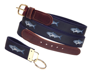 Preston Leather "Bluefish" Belt, Navy Web, FREE Matching Key Ring