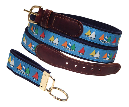 Preston Leather "Rainbow Fleet on Light Blue" Belt, Navy Web, FREE Matching Key Ring