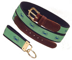 Preston Leather "Blue Crab on Green" Belt, Navy Web, FREE Matching Key Ring