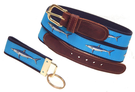 Preston Leather "Mako Shark on Light Blue" Belt, FREE Matching Key Ring