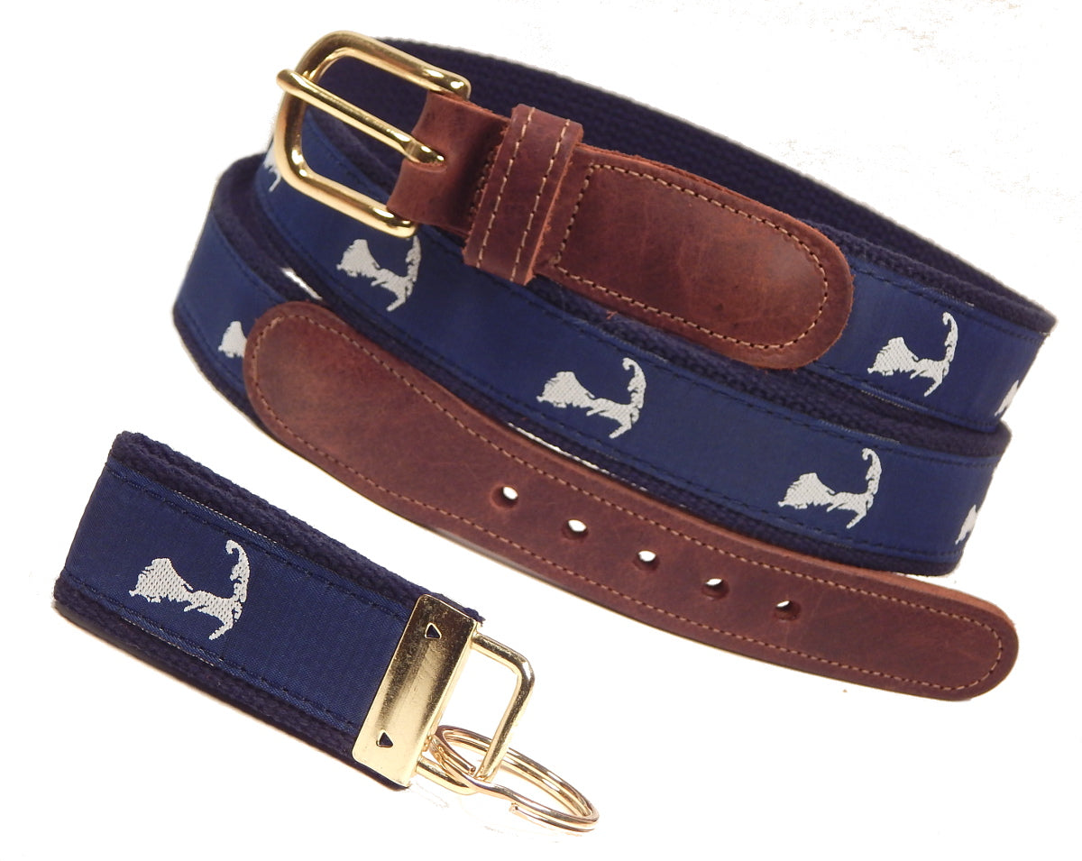 Preston Leather "Map of Cape Cod" Belt, Navy Web, FREE Matching Key Ring