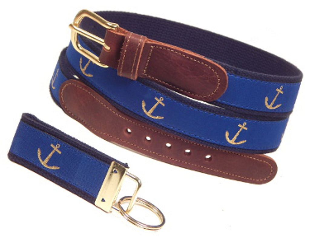 Preston Leather "Glittery Gold Anchor" Belt, Navy Web, FREE Matching Key Ring