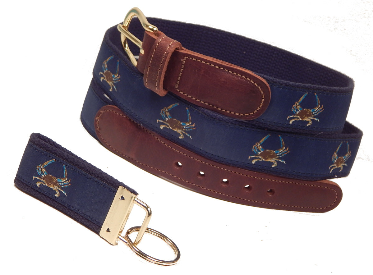 Preston Leather "Maryland Blue Crab" Belt, Navy Web, FREE Matching Key Ring