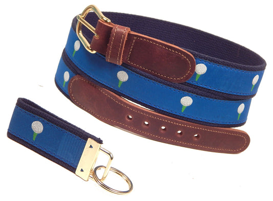 Preston Leather "Golf Ball on Blue" Belt, Navy Web, FREE Matching Key Ring