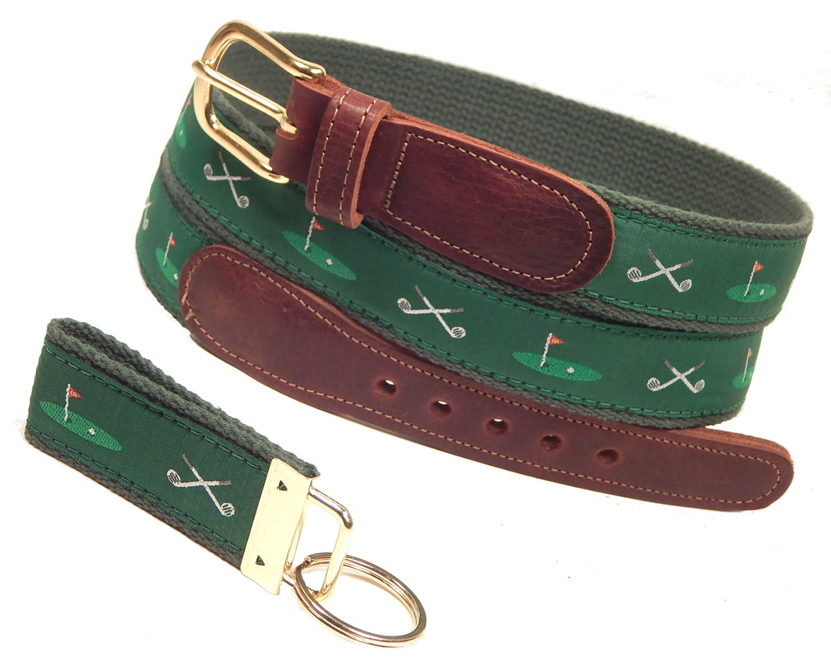 Preston Leather "Golf Clubs/18th Hole" Belt, Forest Green Web, FREE Matching Key Ring