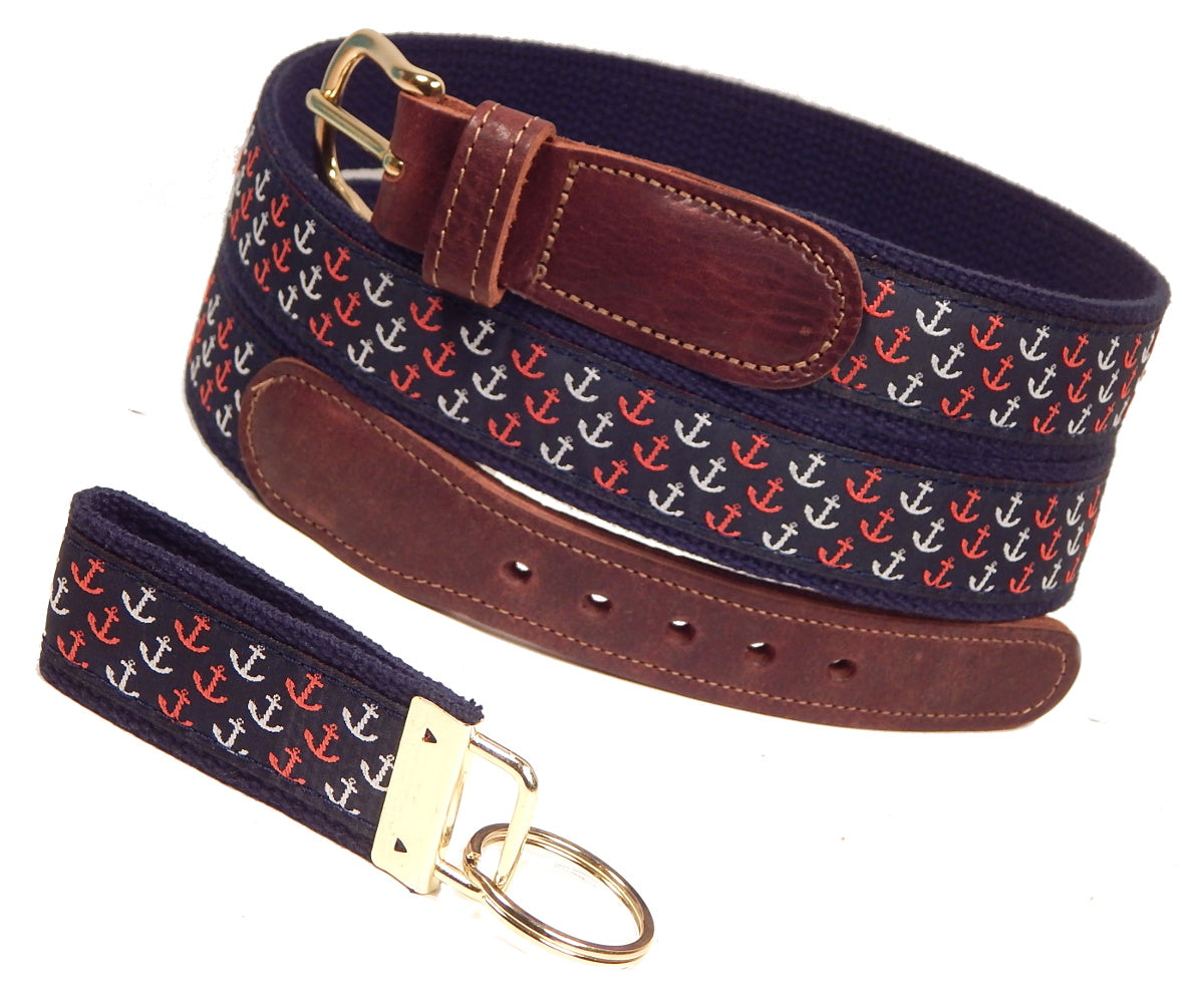 Preston Leather "Patriotic Anchors" Belt, Navy Web, FREE Matching Key Ring