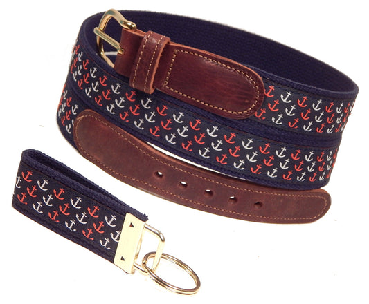 Preston Leather "Patriotic Anchors" Belt, Navy Web, FREE Matching Key Ring