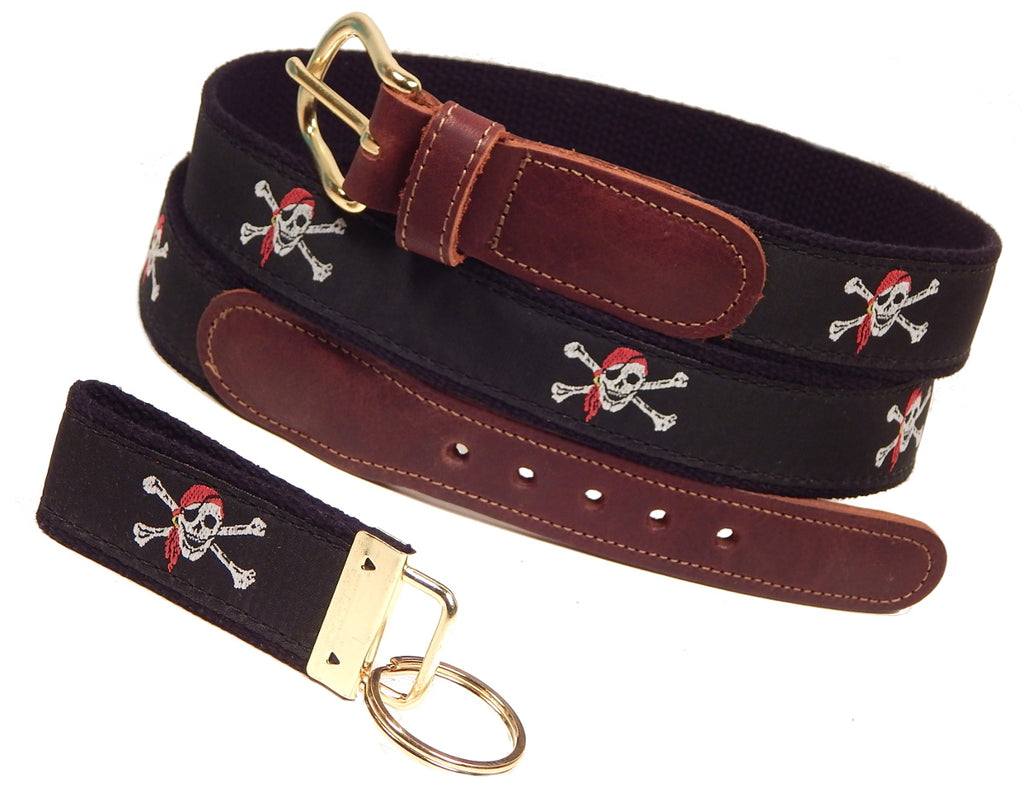 Preston Leather "Jolly Roger Pirate Skull & Crossbones" Belt, Black Web, FREE Matching Key Ring
