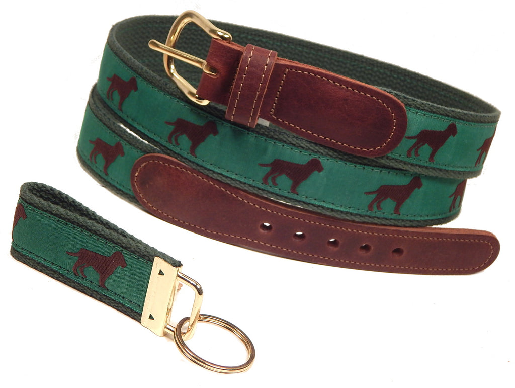 Preston Leather "Chocolate Dog" Belt, Forest Green Web, FREE Matching Key Ring