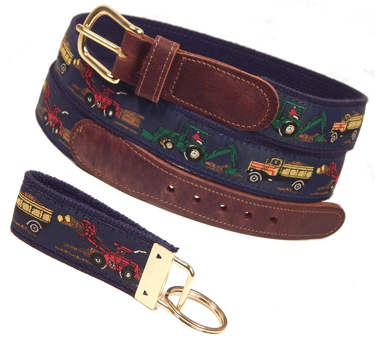 Preston Leather "Construction Vehicles" Belt, Navy Web, FREE Matching Key Ring