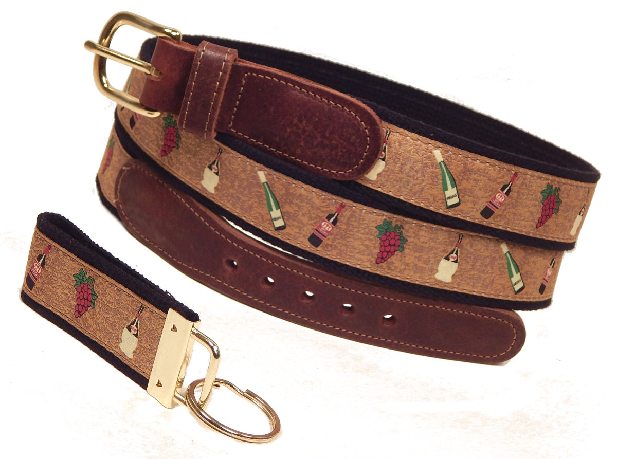 Preston Leather "Wine & Grapes" Belt, Black Web, FREE Matching Key Ring