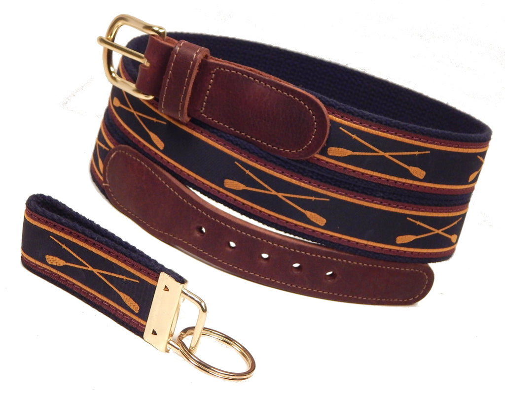 Preston Leather "Crossed Oars" Belt, Navy Web, FREE Matching Key Ring