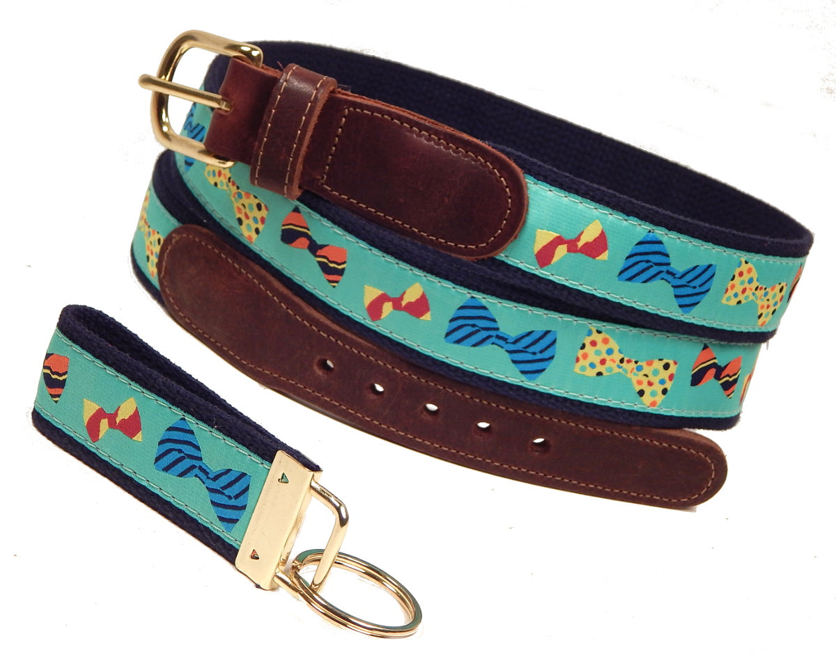 Preston Leather "Bow Ties" Belt, Navy Web, FREE Matching Key Ring