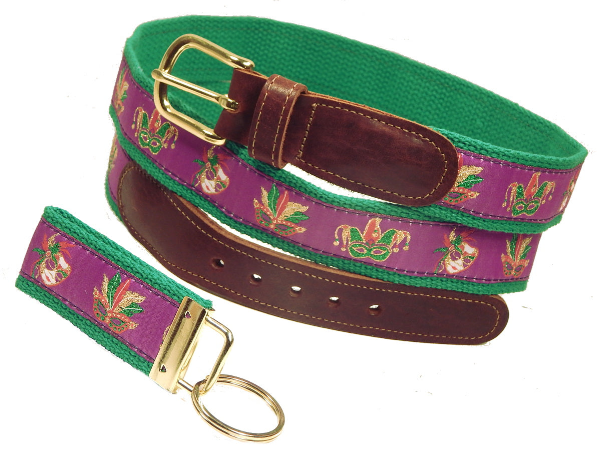 Preston Leather "Mardi Gras Masks" Belt, Kelly Green Web, FREE Matching Key Ring