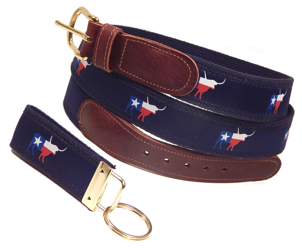 Preston Leather "Texas Longhorn" Belt, Navy Web, FREE Matching Key Ring
