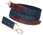 Preston Leather "Black Watch Plaid" Belt, Navy Web, FREE Matching Key Ring