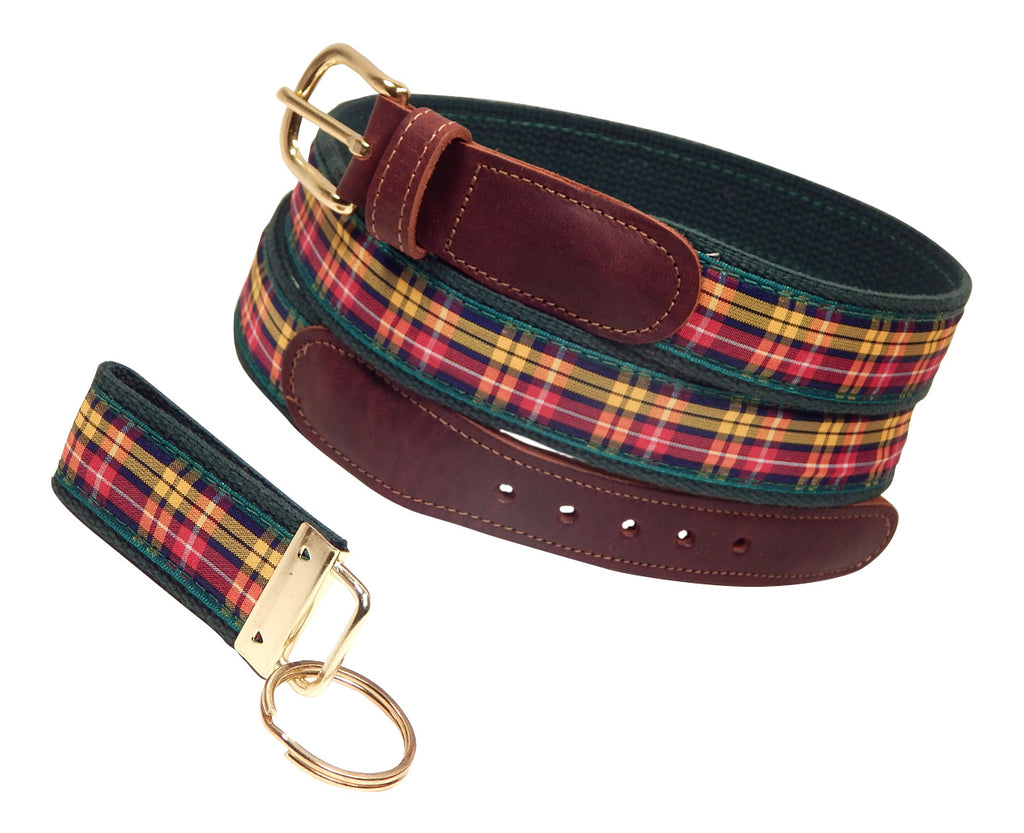 Preston Leather "Buchanan Plaid" Belt, Forest Green Web, FREE Matching Key Ring