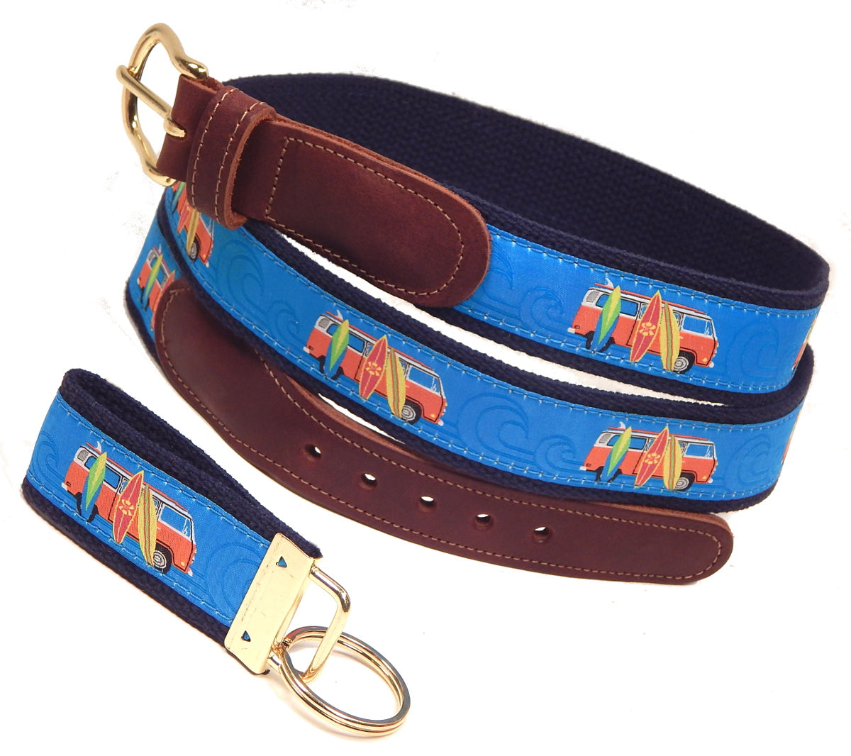 Preston Leather "Surfboards" Belt, Navy Web, FREE Matching Key Ring