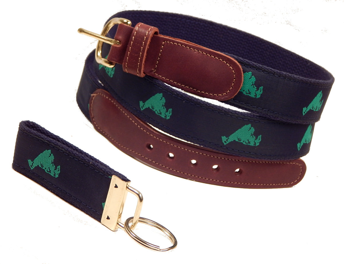 Preston Leather "Map of Martha's Vineyard" Belt, Navy Web, FREE Matching Key Ring