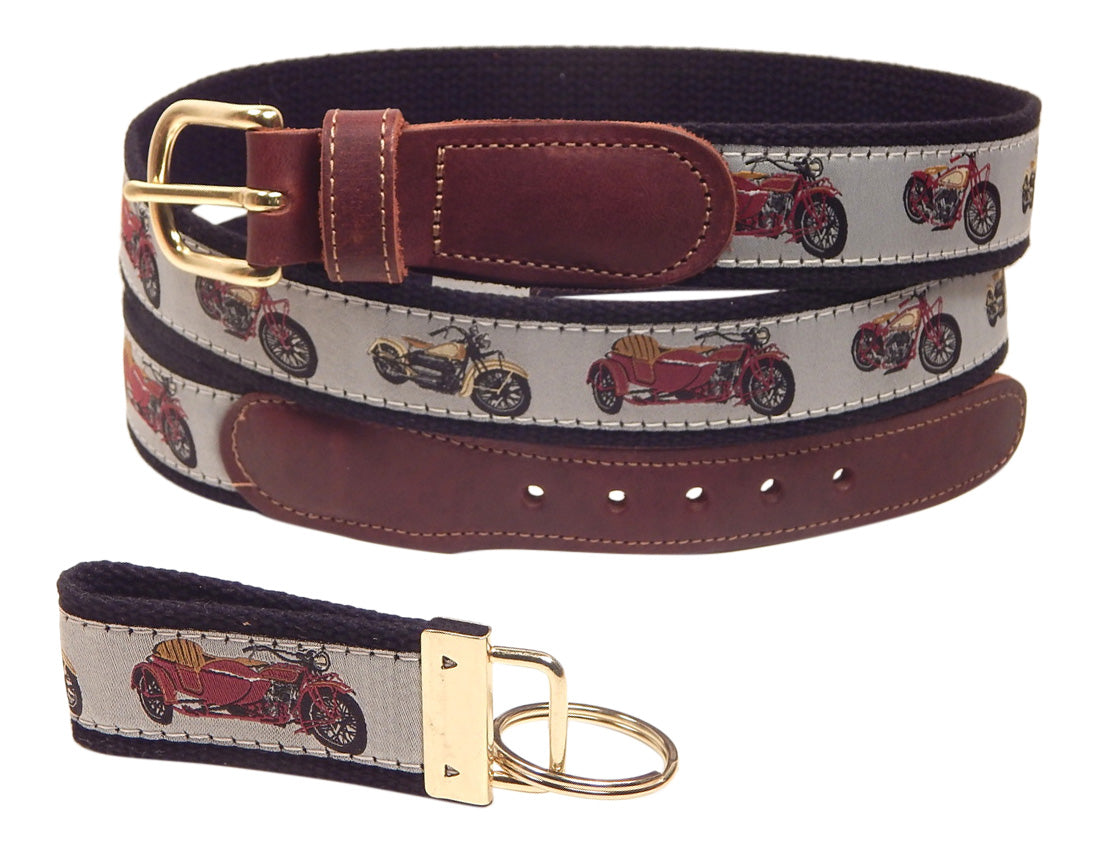 Preston Leather "Motorcycles" Belt, Black Web, FREE Matching Key Ring