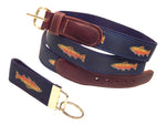 Preston Leather "Rainbow Trout" Belt, Navy Web, FREE Matching Key Ring
