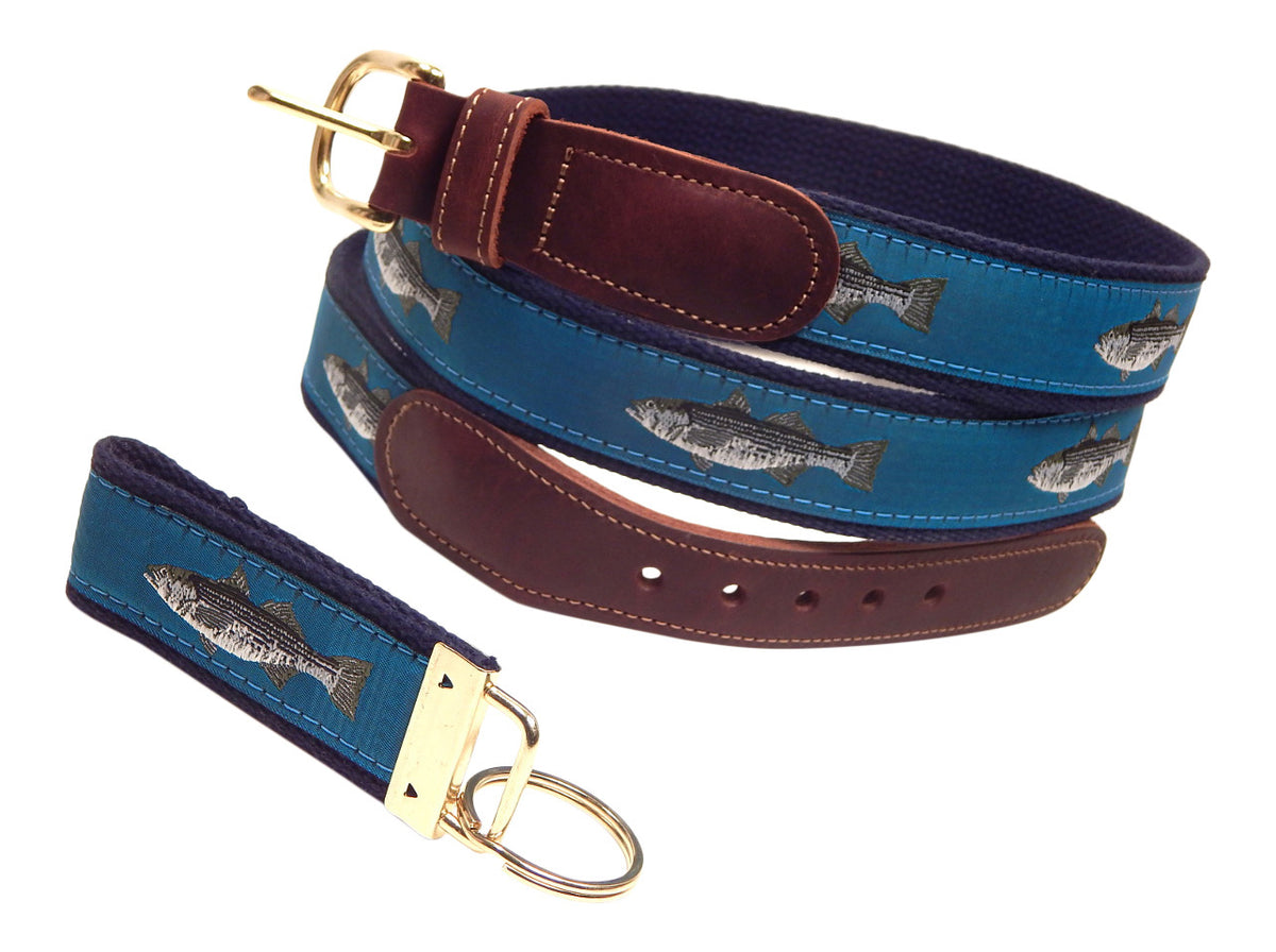 Preston Leather "Striped Bass on Teal" Belt, Navy Web, FREE Matching Key Ring