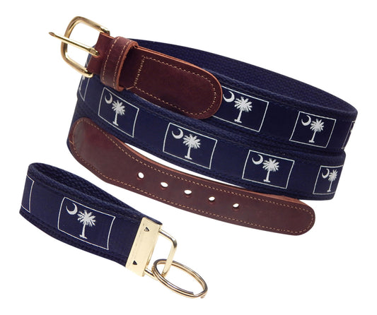 Preston Leather "Palmetto & Moon" Belt, Navy Web, FREE Matching Key Ring