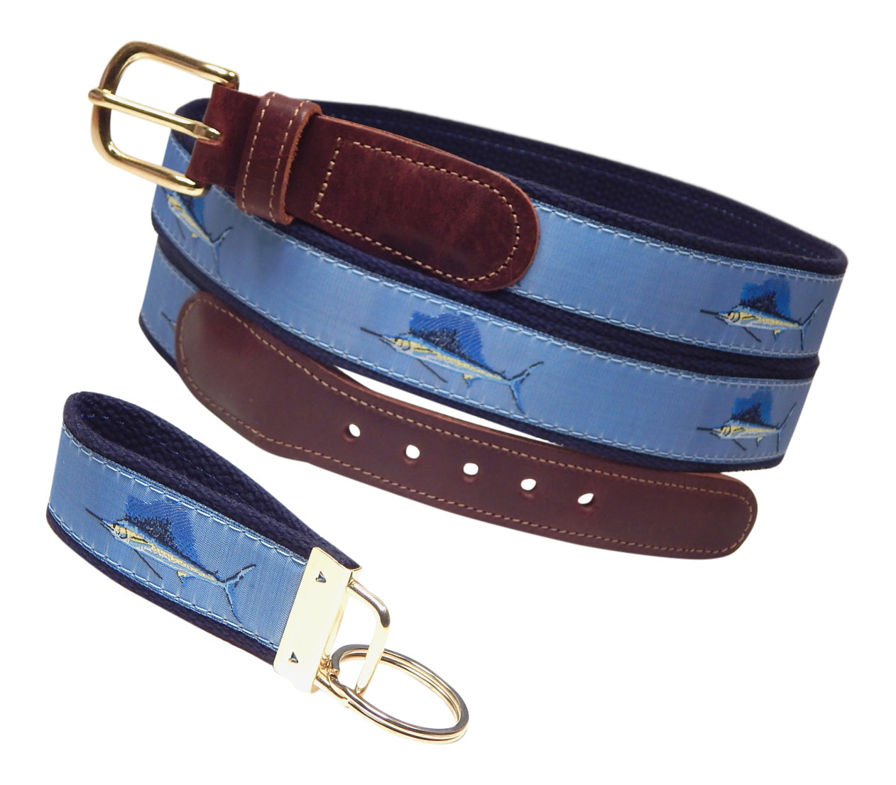 Preston Leather "Sailfish" Belt, Navy Web, FREE Matching Key Ring