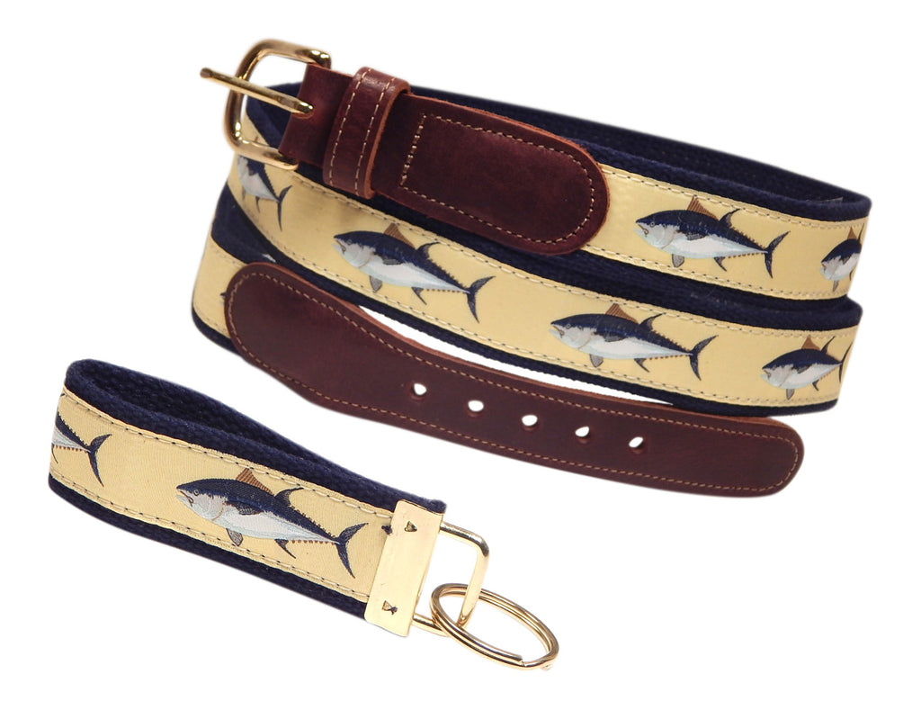 Preston Leather "Atlantic Bluefin Tuna" Belt, Navy Web, FREE Matching Key Ring