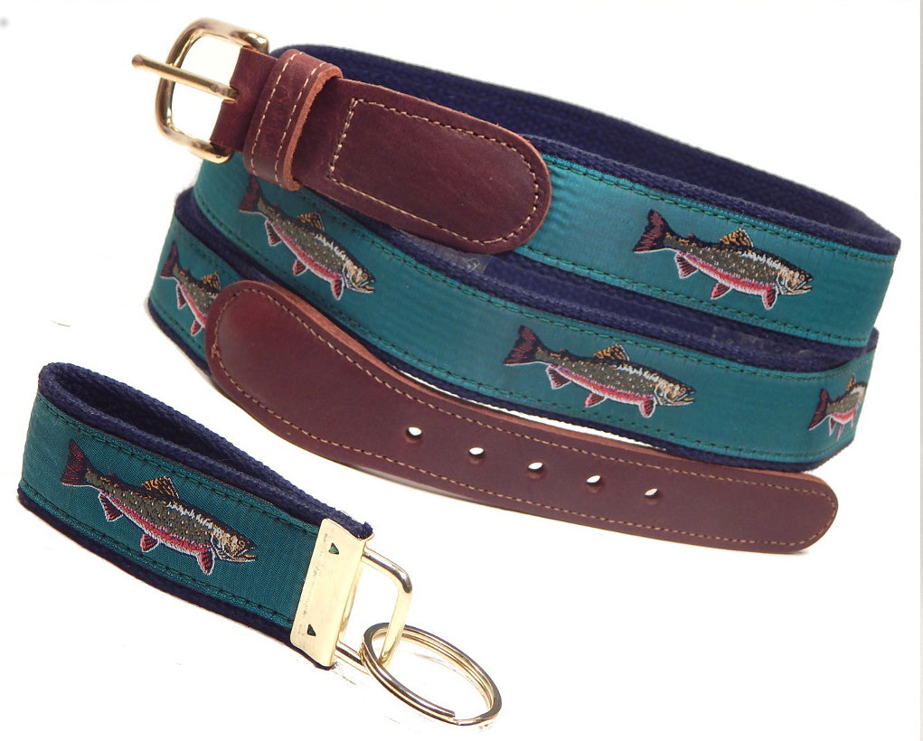 Preston Leather "Brook Trout" Belt, Navy Web, FREE Matching Key Ring